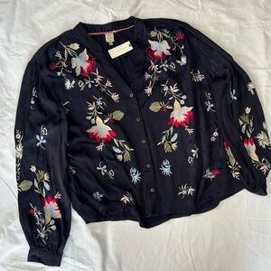 Anthropologie Navy Floral Embroidered Blouse